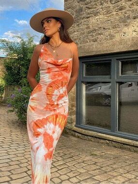 Commense Orange & White Tie-Dye Cowl Slip Maxi Dress